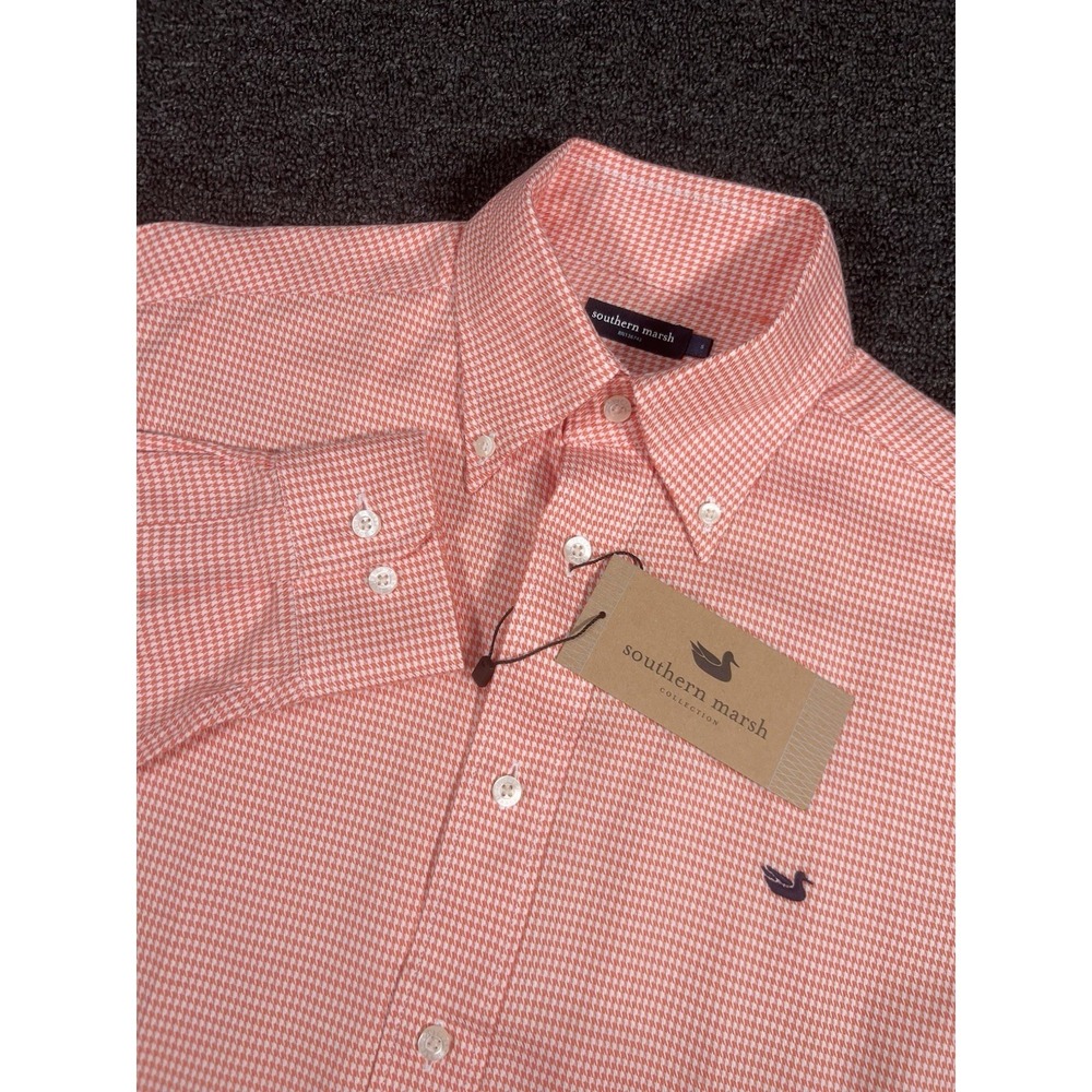New Southern Marsh Button Down Shirt Men's Small Orange Houndstooth AOP Cotton